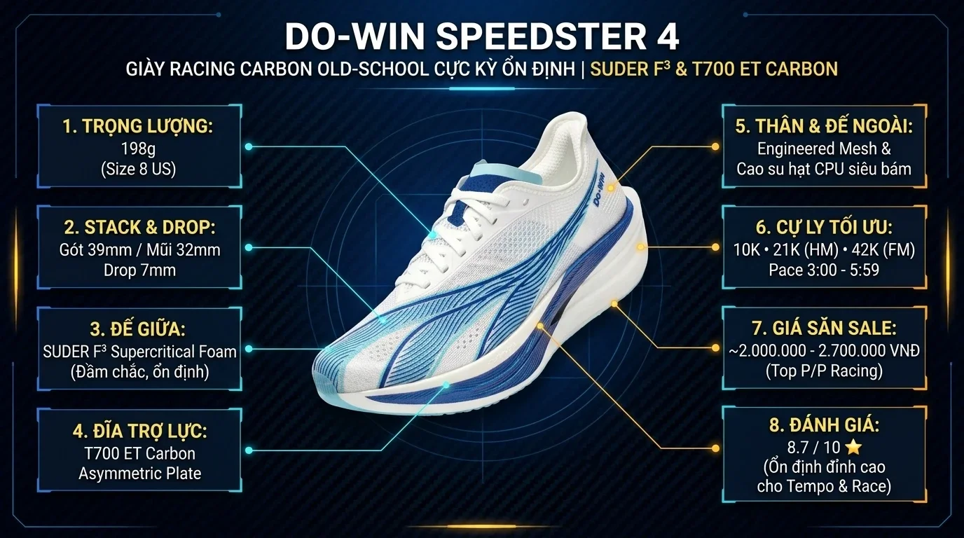 Thông số kỹ thuật thực chiến Review Do-Win Speedster 4: Giày Racing Carbon Phong Cách Old-School Cực Kỳ Ổn Định