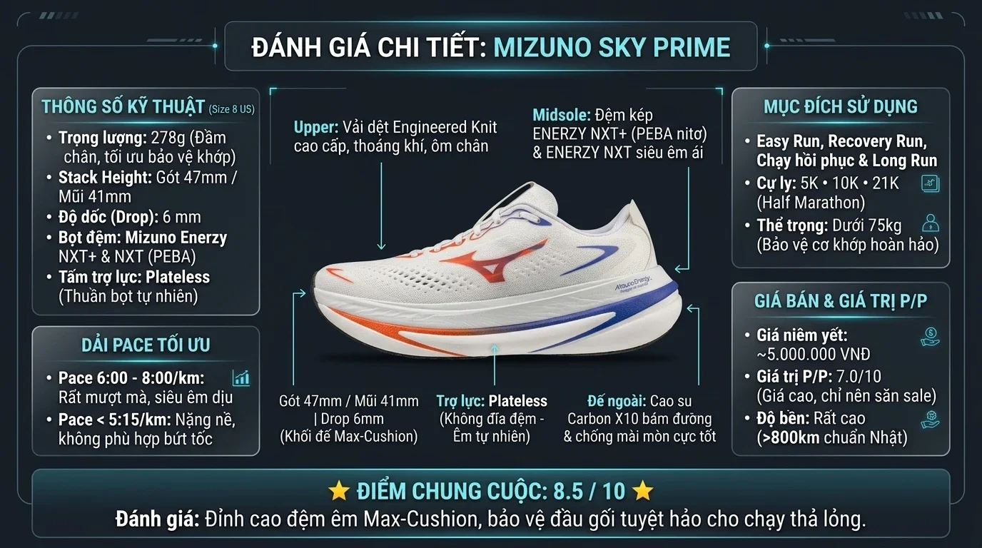 Thông số kỹ thuật thực chiến Review Mizuno Sky Prime: Đánh Giá Thực Chiến & Trải Nghiệm