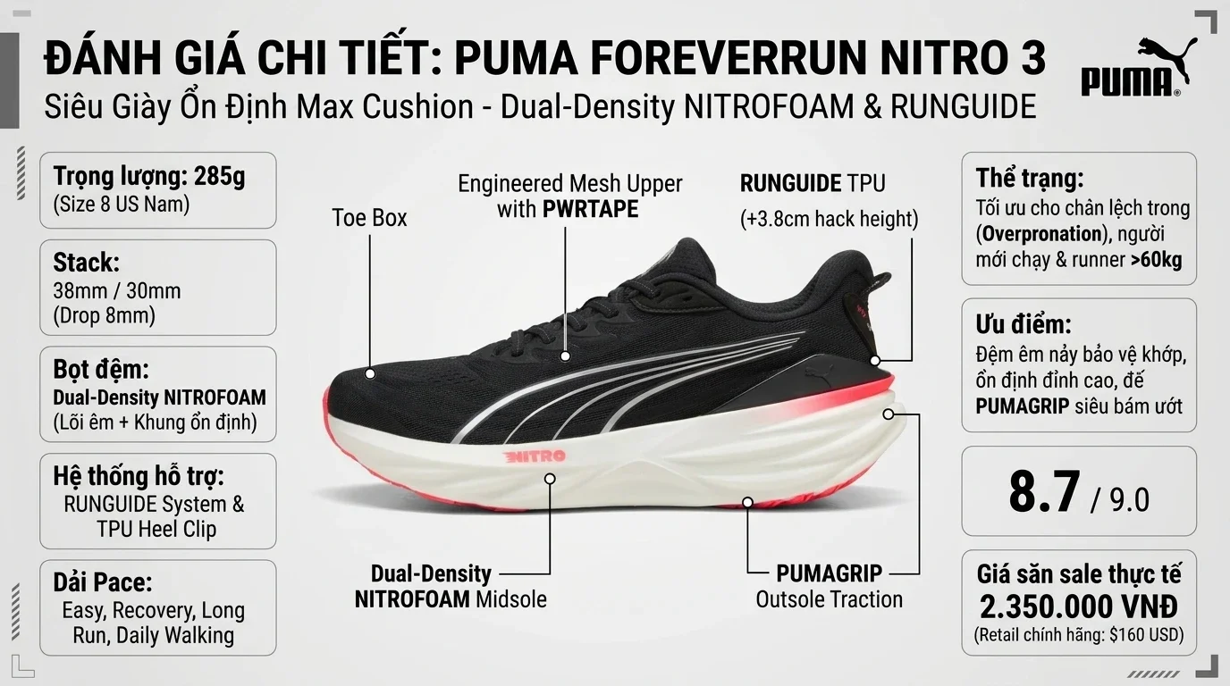 Thông số kỹ thuật thực chiến Review PUMA ForeverRun Nitro 3: Giày Chạy Bộ Ổn Định, Đệm Êm Bảo Vệ Chân Tối Ưu