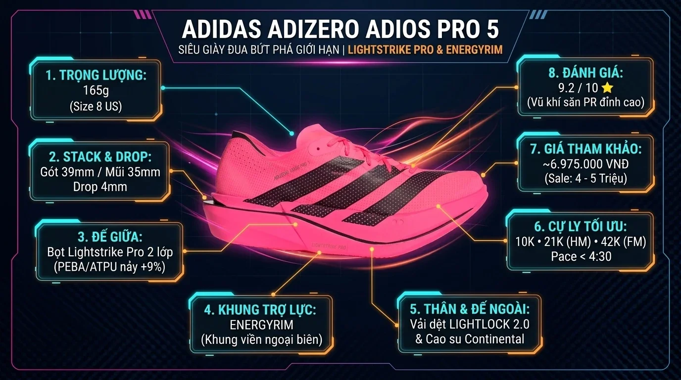 Thông số kỹ thuật thực chiến Đánh giá thực chiến Adidas Adizero Adios Pro 5: Siêu giày đua bứt phá mọi giới hạn