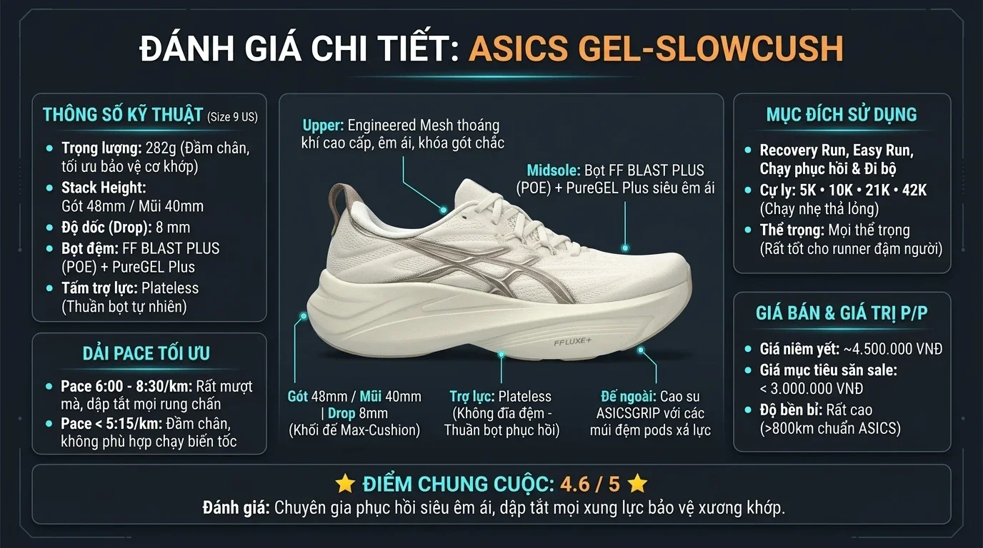 Thông số kỹ thuật thực chiến Review ASICS GEL-Slowcush: Chuyên Gia Phục Hồi Siêu Êm Cho Những Ngày Chạy Thả Lỏng