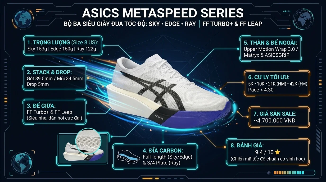 Thông số kỹ thuật thực chiến Review Bộ Ba ASICS Metaspeed: Sky, Edge và Ray - Đâu Là Chiến Mã Tốc Độ Cho Bạn?