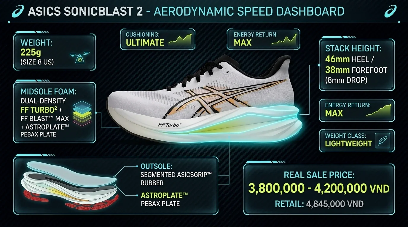 Thông số kỹ thuật thực chiến Review ASICS Sonicblast 2: Giữ Đế 46mm Của Bản 1, Nâng Cấp Bọt FF Turbo 2 Và