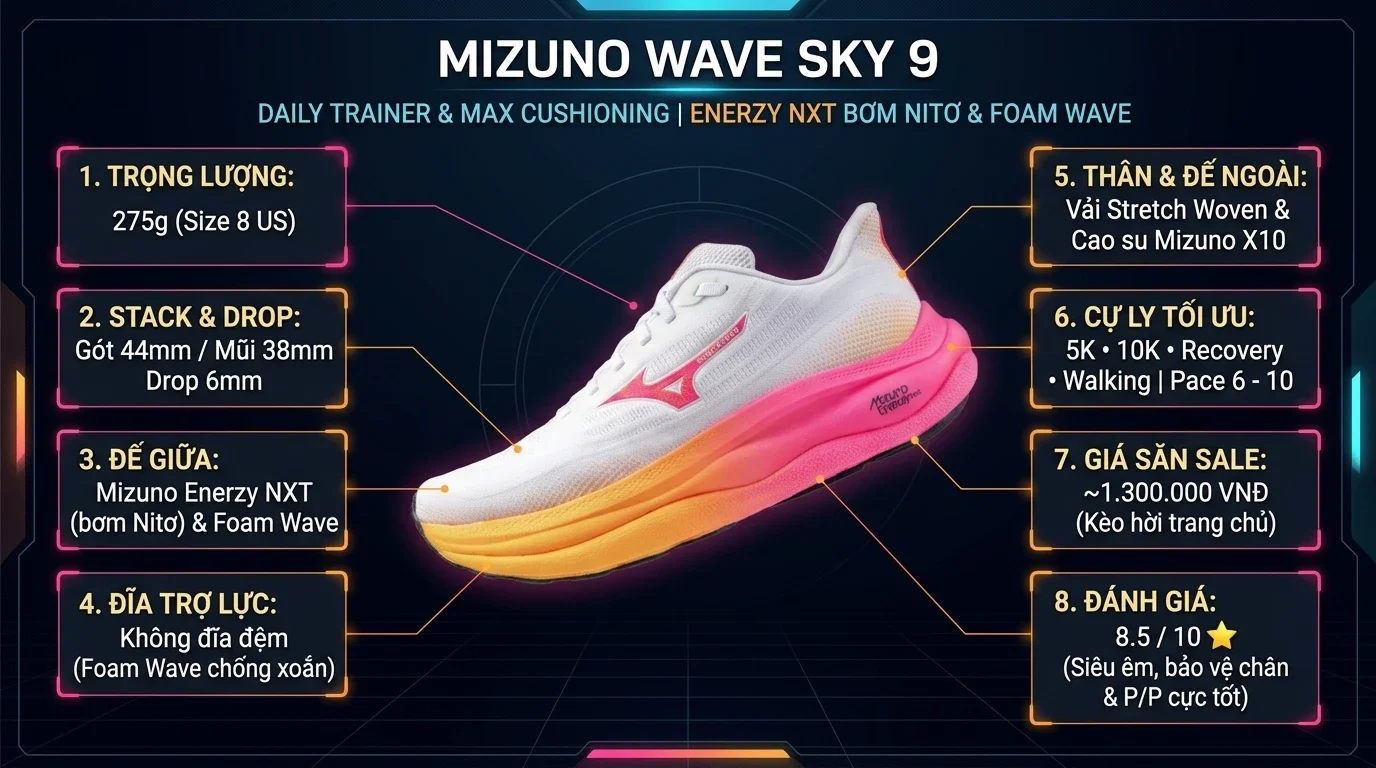Thông số kỹ thuật thực chiến Review Mizuno Wave Sky 9: Đánh giá thực chiến - Món hời săn sale