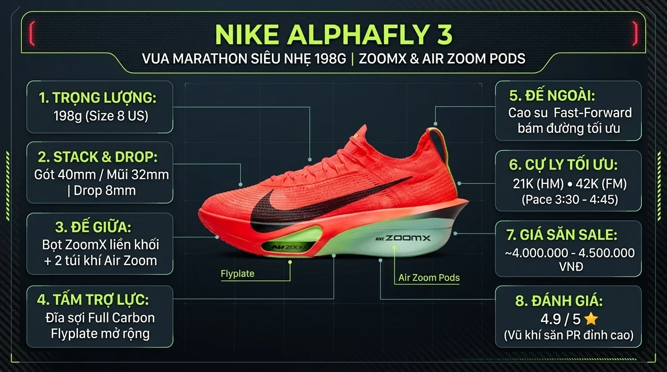 Thông số kỹ thuật thực chiến Review Nike Alphafly 3 Sau 200 Dặm: Sự Thật Bất Ngờ Về Độ Bền Và Hiệu Năng Siêu Giày
