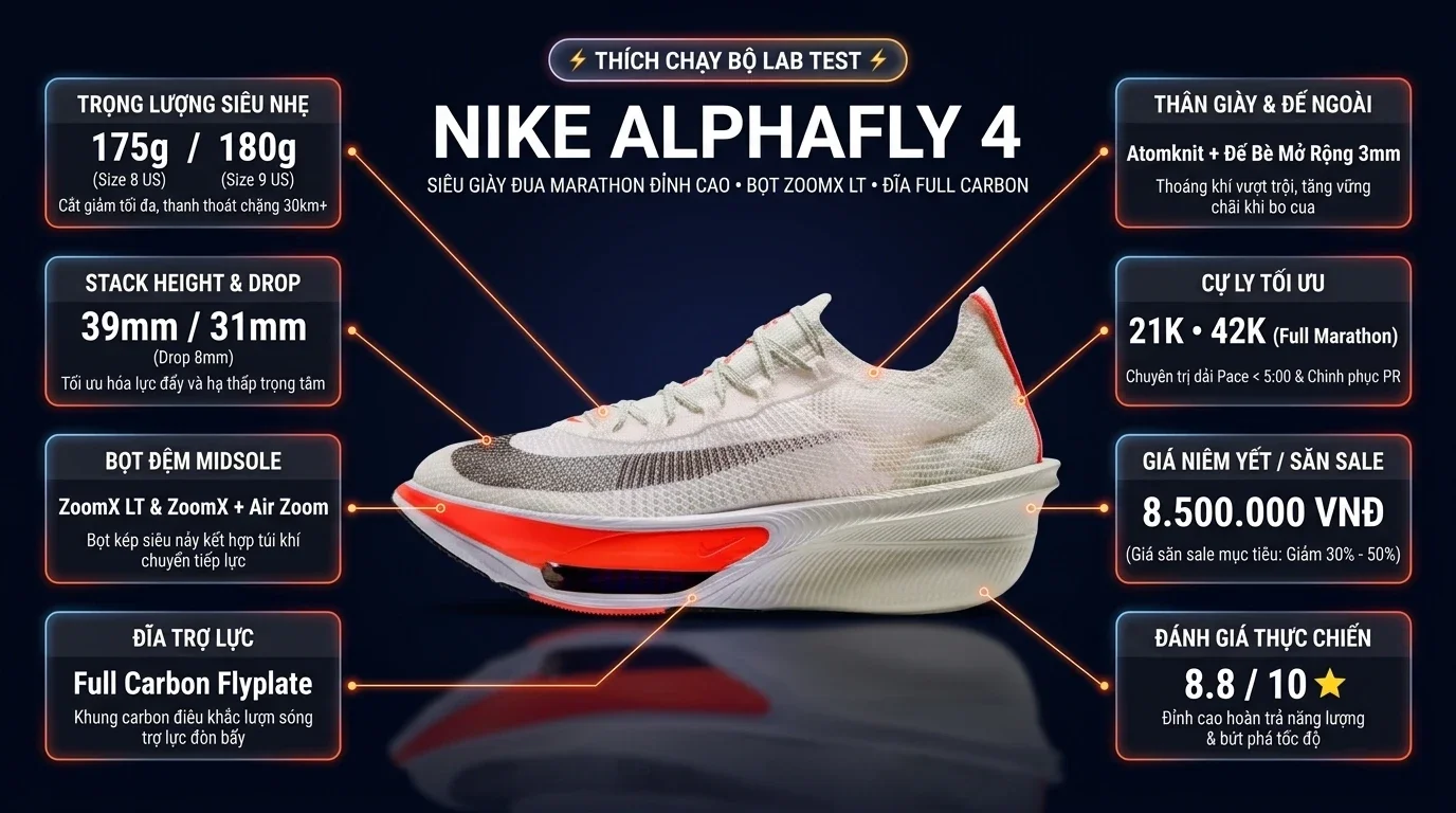 Thông số kỹ thuật thực chiến Review Nike Alphafly 4: Đánh Giá Thực Chiến Siêu Giày Đua Marathon