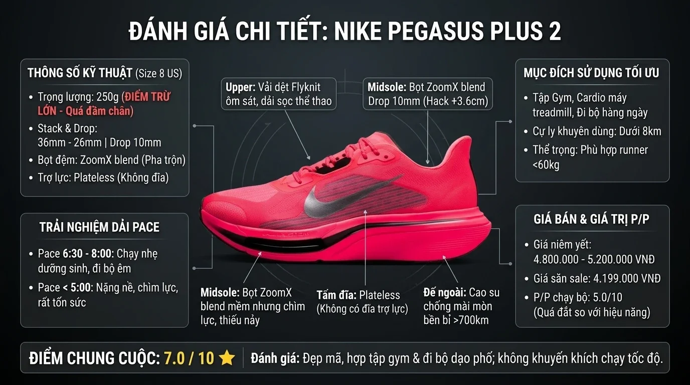 Thông số kỹ thuật thực chiến Review Nike Pegasus Plus 2: Trọng Lượng 250g Quá Đầm, Giá Chát, Chỉ Hợp Chạy Nhẹ & Gym Đi Bộ (7/10 Điểm)