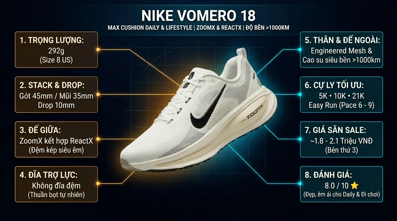Thông số kỹ thuật thực chiến Tôi Đã Chạy 200km Trên Nike Vomero 18: Đôi Max Cushion Đẹp, Êm Ái Cho Daily & Lifestyle